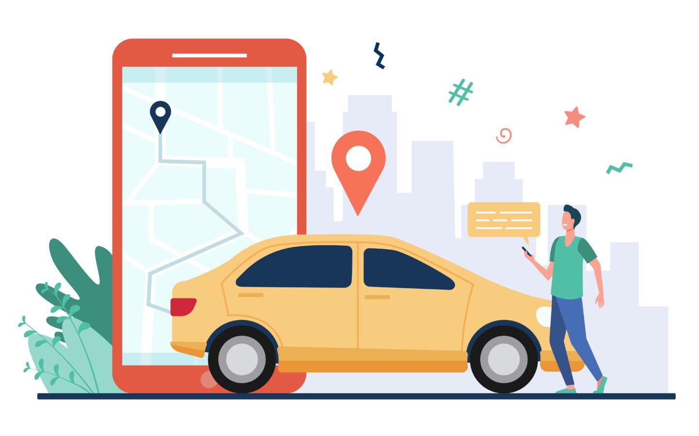 Google Maps - uomo con smartphone e app navigazione auto - mobilità sostenibile